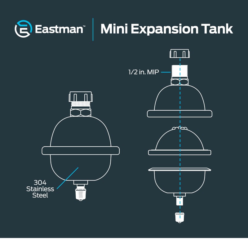 Eastman 2-Gallon Mini Thermal Expansion Tank, Stainless Steel Hammer Arrestor