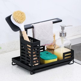 Sink Caddy, Sponge Holder for Kitchen Sink, Multifunctional Caddy Soap Brush Dishcloth Storage, 304 Stainless Steel Organizer with Safety Bar & Removable Drain Pan