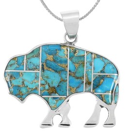 Buffalo Pendant Necklace 925 Sterling Silver Genuine Gemstones (24" Length) (Matrix Turquoise)