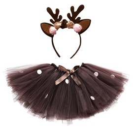 Odizli Christmas Costume Children Girls Elk Cosplay Dress Princess Tutu Tulle Skirt + Reindeer Headband 2-Piece Christmas Outfit (3-8 Years) Dark Brown Elk, Dark Brown Elk