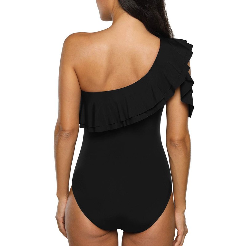 Hilor Women's One Piece Swimsuits One Shoulder Swimwear Asymmetric Ruffles