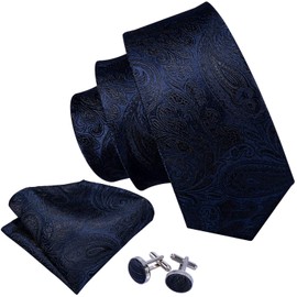 Barry.Wang Navy Blue Men Ties Silk Paisley Handkerchief Cufflink Neckties Formal