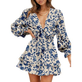 AlvaQ Sundress for Women Summer Fall Long Sleeve A Line Ruffle Short Dress Summer V Neck Knot Front Swing Sundress Fashion 2024 Blue Small