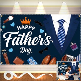 Happy Fathers Day Banner 6x4FT with 32.8ft Ribbon & 4 Brass Grommets, Polyester Fathers Day Backdrop Party Supplies for Photography Indoor Outdoor Family Celebration Wall Door Home Decor