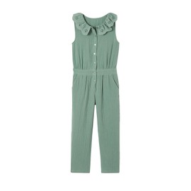 Vertbaudet Girls Muslin Jumpsuit Embroidered Collar Sage Green 98/104, Green