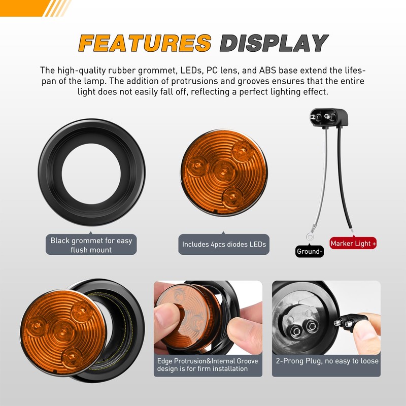GOOACC 2Inch Round Side Marker Light 5PCS Amber 4LED Front