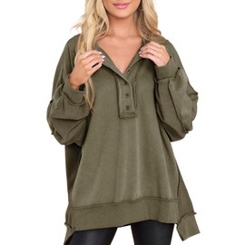 AlvaQ Pullover Sweatshirts for Women 2025 Outfits Winter Loose Long Sleeve Button Down Sweatshirt Casual Henley Neck Tops Green Large