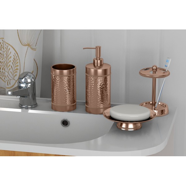 nu steel Hudson Copper finish Bath Accessory Set for Countertop, 4 pcs Luxury Ensemble-Soap Dish, Toothbrush Holder, Tumbler, soap Pump