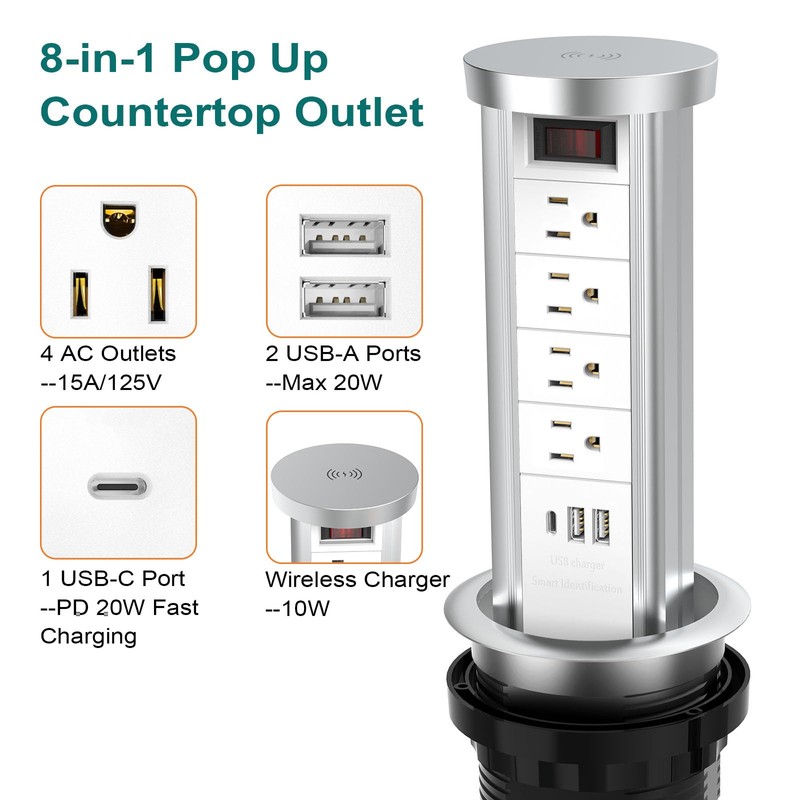 Pop Up Outlet for Countertop with PD 20W USB C,