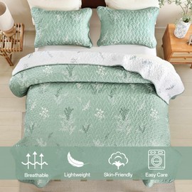 Drucon Sage Green Quilt King Size Reversible Botanical Floral Quilt Bedding Set 3 Piece Microfiber Lightweight Bedspreads with 2 Pillow Cases