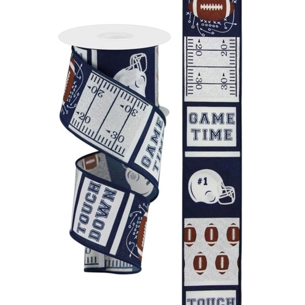 Craig Bachman 2.5" Football Block Pattern Ribbon: Navy/Silver (10 Yards)
