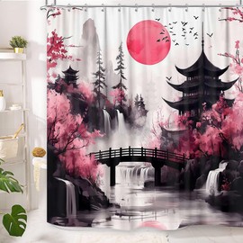 GOAOK Japanese Anime Shower Curtain, Cool Watercolor Japan Cherry Blossom Floral Mountain Sun Asian Oriental Abstract Ink Art Shower Curtain Black and Pink Bathroom Decorative with 12 Hooks, 60"×72"
