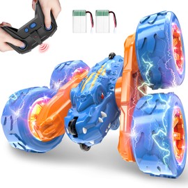 SpringFlower Remote Control Car Toy for Boys 3 4 5 6 7 8 Years Olds, Rechargeable Dinosaur RC Cars,360° Flip Double Sided RC Stunt Cars with Led Light, Dinosaur Toys for Kids Birthday Xmas Gifts,Blue