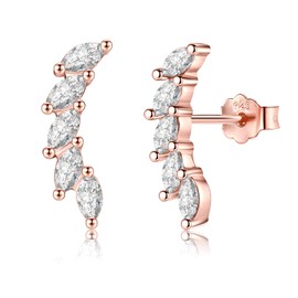 Sterling Silver Stud Earrings for Women, Cubic Zirconia Climber Leaf Shaped CZ Cluster Cartilage stud Earrings Upper Ear Helix Piercing Tragus for Girls Gifts, Rose Gold