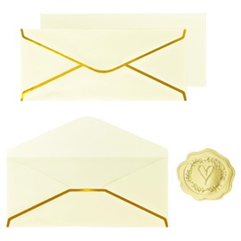 30 Pack #10 Business Envelopes with Gold Border and Stickers, 9.49x4.13 Inch Self Seal Standard Envelopes for Office, Letters, Checks, Invoices, Documents (Cream)