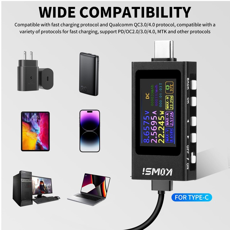 USB C Tester Meter Multimeter DC 4-30V 0-12A, USB Digital