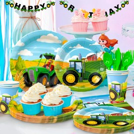 Fruitful Party Tractor Party Decorations Tableware,130pcs Tractor Party Tableware Set-Tractor Plates Cups Banner etc Tractor Farm Party Tableware Supplies for Boys,Green,7''&9'', (2023052005)