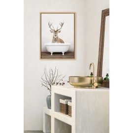 Kate and Laurel Sylvie Male Deer in Rustic Bath Framed Canvas Wall Art by Amy Peterson Art Studio, 18x24 Natural, Modern Fun Decorative Bathtub Wall Art for Home Décor