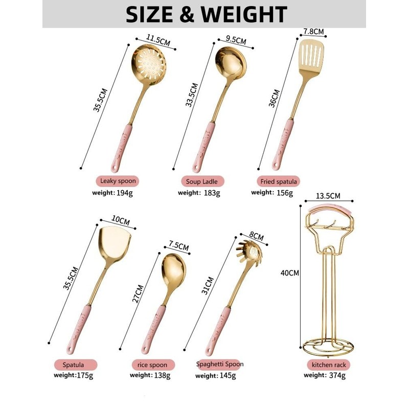Luxury Gold Kitchen Utensils Set, 7-Piece Ceramic Handle Cooking Tools