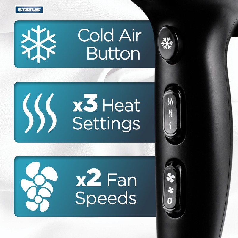 STATUS: Lyon Black Hairdryer / 1800-2200w / 2 Speeds, 3