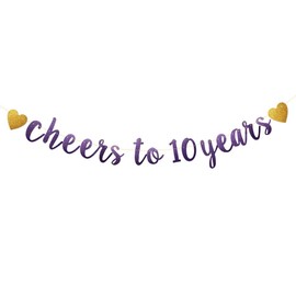 Betteryanzi Purple Glitter Paper Banner, Pre-Strung,10th Birthday/Wedding Anniversary Party Decoration Supplies, Letters Purple Cheers to 10 Years
