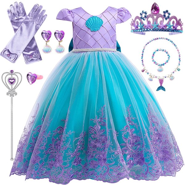 Princess Dress Girl, Mermaid Princess Dress Costume with Crown Necklace Set, Girls Princess Ariel Costume, Fancy Dress for Halloween Carnival Cosplay Birthday Christmas Party