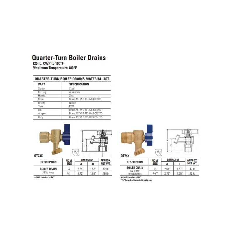 NIBCO Fig No QT74X, 3/4 in. Brass Boiler Drain, Quarter-Turn,