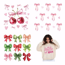 SUPERDANT 4 Pcs Lucky Girl Heat Transfer Stickers Bow Iron on Patches Decals Pink Elements Iron on Sticker Patch Washable Transfer Decal for Girl's Clothing T-Shirt Canvas Bag DIY Decors