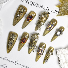 JODSONE Press on Nails Gold Rhinestone Almond Shape Handmade 3D Fake Nail Tips Reuseable Fashionable Design Long Lasting Fit Easy to Create Exquisite Fingertips- Medium