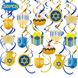 30Pcs Hanukkah Hanging Swirl Decorations - Chanukah Pre-assembled Ceiling Decor Supplies Kit with Menorah, Dreidel Double-sided Cards - Reusable Ceiling Streamers for Jewish Themed Party Decoration
