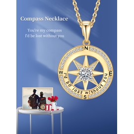 Gift for Wife Anniversary Compass Necklace for Women Birthday Jewelry For Her Girlfriend Valentines Day Mothers Day Gifts For Mom Christmas Wedding Gifts for Her Anniversary Yellow Gold I'd Be Lost Without You Gifts for Her Birthday Diamond Necklace