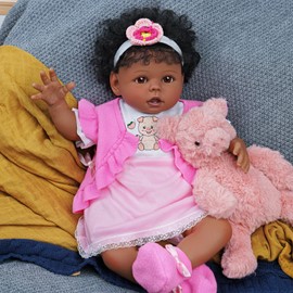 ADFO Reborn Baby Dolls Black Lifelike African American with Soft Body, 20 Inch Reborn Baby Dolls Black Girl with Pink Piggy Toys Clothes Set for Girls Boys Kids Age 3+, Lily