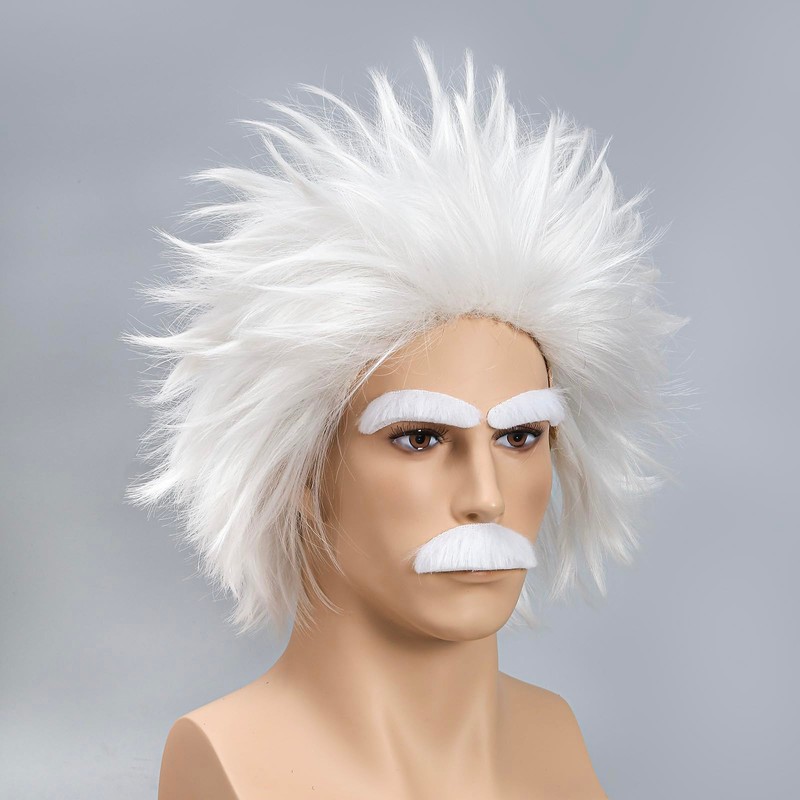 White Mad Scientist Wig with Moustache&Eyebrows Short Funny White Crazy