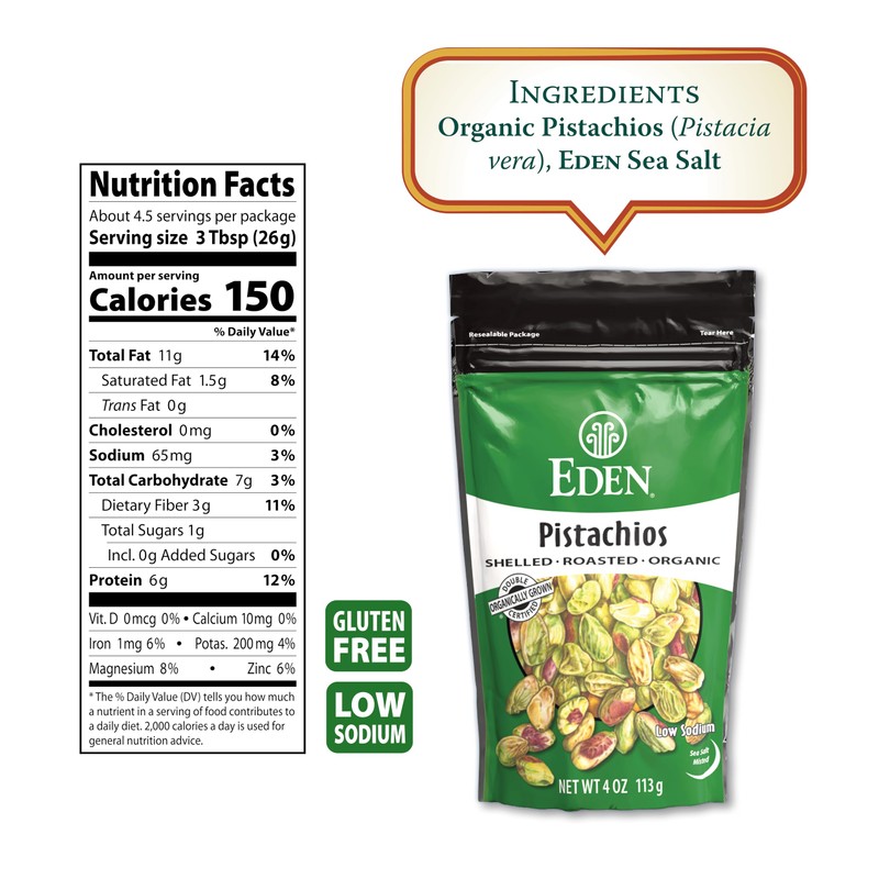 Eden Organic Pistachios, Shelled, Roasted, and Misted with Sea Salt,