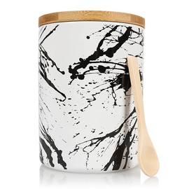 Arthausen White Ceramic Storage Jar Canister for Flour Sugar - Black Splatter - Airtight Bamboo Lid w/Silicone Seal, Spoon - Modern Abstract Art Design for Kitchen Counter Bathroom - 4 cup / 1080mL