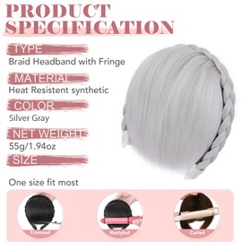 S-noilite Headband with Bangs, Front Hair Bangs Wigs Headband, Synthetic Braided Headband Wig with Bangs Fringe Hair Extensions Hairpiece for Women Girls - Silver Gray