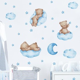 Mestiker Wall Sticker, Animal, Cute, Teddy Bear, Painting Style, Interior, Bear Sleeping on Blue Clouds, Removable Stylish, Scandinavian Wallpaper, Wall Sticker, Kindergarten, Nursery, Children's