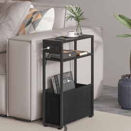 Narrow Side Table with Charging Station, Slim End Tables with Linen Basket, Skinny Table for Small Spaces, Thin Bedside Table for Living Room, Bedroom