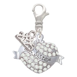Delight Jewelry Silvertone Lil Sister Banner on Clear Crystal Heart - Silver-tone Clip on Charm with Mini Year 2025
