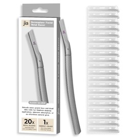 Jia Dermaplane Facial Metal Razor with 20 Blades, Sleek Silver - Eyebrow Trimmer & Face Shaver for Women and Men, Peach Fuzz & Dead Skin Cell Removal Tool