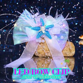 JAKAWIN Light Up Hair Bow Knot Glowing Veil Hair Clip Starfish Tulle Bows Bachelorette Party Hair Accessories for Women (Blue)