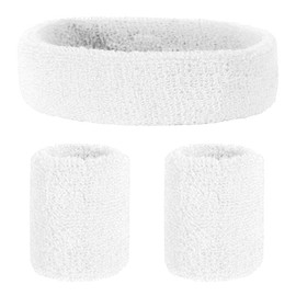 3 Pcs Headband Wristband Set, Sports Headband Wristbands, Cotton Sweat Band for Sports, Sweatbands Set for Athletic Men and Women(1 Headband + 2 Wristbands,White)