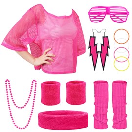 80s Outfit Women's 14 Pieces 90s Theme Party Accessories Neon Clothing Costume Mesh Shirt Women's 80s Headband Glasses Necklace Bracelet Earrings for Retro Theme Party Carnival Fancy Dress Girls Women