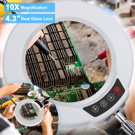 10X Magnifying Glass with Light and Clamp, Real Glass Stand Lighted Magnifier, 5 Color Modes Stepless Dimmable LED Desk Lamp Hands Free for Crafts Hobby Reading Painting Sewing Close Work White