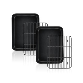 TeamFar Toaster Oven Pans with Racks Set, 9.25 x 7 x 1 Inch Carbon Steel Mini Baking Pan Tray with Rack for Roasting Cooling, Non-Toxic & Heavy Duty, Nonstick & Easy Clean, (2 Pans & 2 Racks)