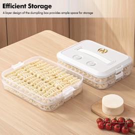 Lunhoo 4 Layer Dumpling Box, Food Storage Containers with Lid and Handle, Stackable Biscuit Storage Box for Kitchen and Fridge (White Lid)