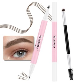 1 Pcs Dark Brown Magic Microblading Eyebrow Contouring Pen Brow Pencil, 2-in-1 Eyebrow Pencil with Brow Brush, Dual-ended Eyebrow Brush, Hair Like Strokes, Natural Looking Eye Brow for Women, 02