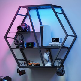 MAHANCRIS Floating Shelf with Lights, Wall-Mounted LED Gaming Shelves, Laser Gaming Style Display Shelf for Game Room, LED Display, Glass Panel Bar Rack with 4 Hooks, Sturdy Black FSHS130K01