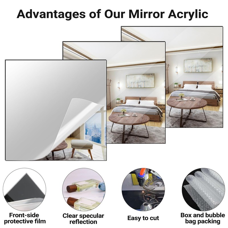 Adrattnay Silver Acrylic Mirror Sheets 1/8 Thick, 3Pack 8"x 8"