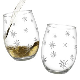 BANBERRY DESIGNS Stemless Wine Glasses - Snowflake Wine Glass - Set of 2 - Winter Holiday Glasses with Silver Snowflake Design - 20 oz Capacity